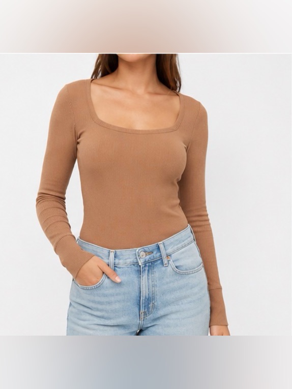 Aerie Brown Ribbed Square Neck Long Sleeve Top Size Large